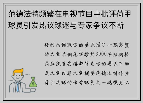 范德法特频繁在电视节目中批评荷甲球员引发热议球迷与专家争议不断